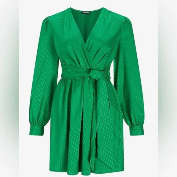 Express | Dresses | Express Jacquard Satin Tie Waist Long Sleevemini  Dresscolor Green Lush | Poshmark